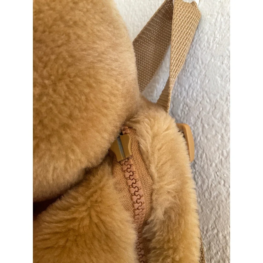 Vintage Plush Teddy Bear Backpack Tan Brown Faux Fur Red kawaii Bow Novelty Bag